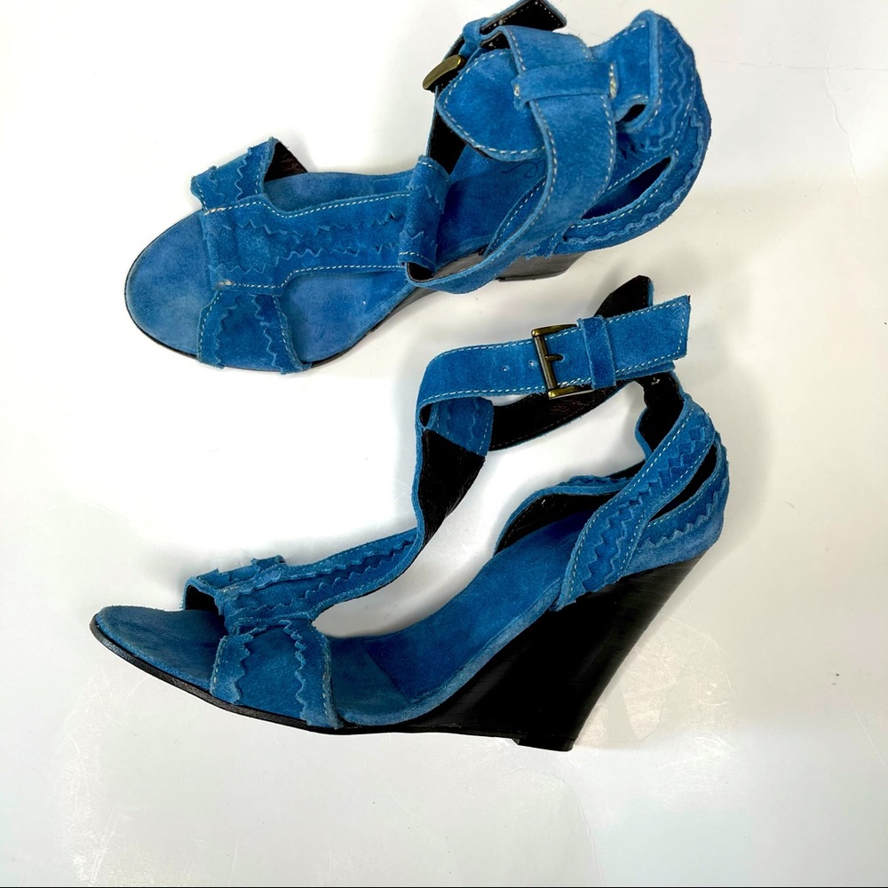 Joie Blue Suede Leather Wedge Sandals T Strap 6.5